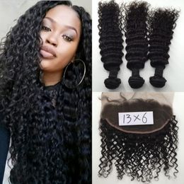 13x6 Deep Curly Wave Ear to Ear Lace Frontal Closure With Bundles Peruvian Curly With Lace Frontal 3 Bundles With Lace Frontal