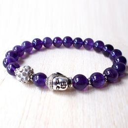 SN1126 High Quality 6MM Amethyst Bracelet Buddha Mala Yoga Jewelry Healing Crystal Anxiety Bracelet Crown Chakra Jewelry Anti Stress