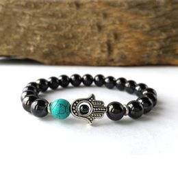 SN566High Quality Designer Men Hamsa Mala bracelet Hematite Meditation bracelet Turquoise Yoga bracelet Man`s Stone Bracelet Wholesale