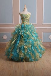 2021 New Elegant Gold Blue Multi Quinceanera Dresses Ball Gowns With Organza Ruffles Beading Sweet 15 Dresses Prom Party Quinceanera Gowns