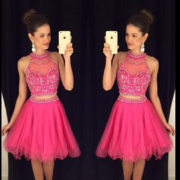 Fuchsia Crystal Two Pieces Prom Dress Short Tulle Skirt A-line Halter Homecoming Dresses Evening Party Dress