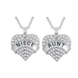 Set of 2 Crystal Love Big Heart Shape Niece And Aunt Pendant Silver Plated Necklace Austrian Keepsake Jewellery