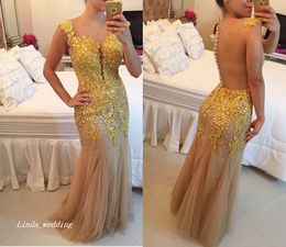 2019 See Through Back Prom Dress Beautiful Long Tulle Beaded Applique Special Occasion Dress Evening Party Gown Plus Size vestidos de festa