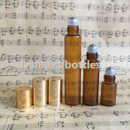 Hot Sale 3ML 5ml 10ml Amber Roll-on Roller Bottles for Essential Oils Refillable Perfume Bottle Glass Containers with Gold Lid 1100Pcs/Lot