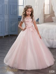 Pink Flower Girls Dresses 2021 with Short Sleeves and Floor Length Appliques Flowers Tulle Girls Wedding Gowns Custom Made