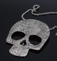 long silver flower necklace Canada - Gothic flower Skull Necklace Vintage Antique Silver Sugar Skull Pendant Necklace Charms Long Chain Necklace Witch Pagan Goth Antique