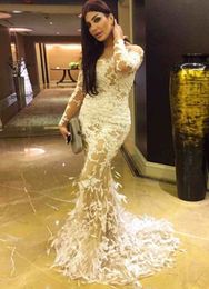 Amal Alawadhi Saudi Arabian Feather Evening Gowns 2016 Ivory Prom Dresses Appliques Illusion Bodice Eastern Sexy Arabic Turkish Party Gowns
