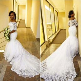 Elegant African Vestidos de Novia Lace Mermaid Wedding Dresses 2020 Off Shoulder Appliques Half Sleeves Long Train Arabic Bridal Gowns