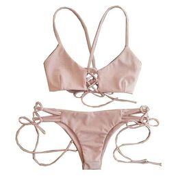 Women's Bikini Pink Swimsuit Swimwear Bandeau Push Up Bra Bathing Suits Free Shipping