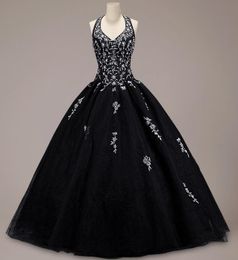 Vintage Colourful Black Ball Gown Gothic Wedding Dress Halter Tulle Skirt Silver Embroidery Floor Length Non White Bridal Gowns Couture