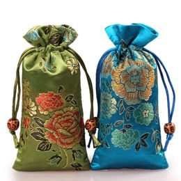 Lengthen Peony Flower Small Drawstring Bag Silk brocade Gift Packaging Pouch Wood Comb Jewellery Beads Necklace Bracelet Storage Pocket