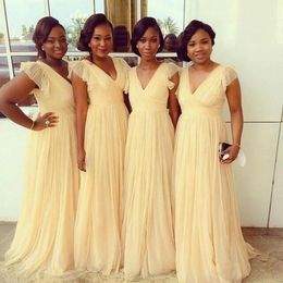 Vintage Champagne V neck Bridesmaid Dresses Cheap Long With Short Sleeves Ruffles Beach Empire Country Bridesmaids Gowns For Women Wedding