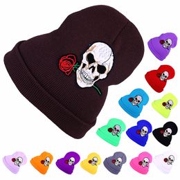 Warm Winter Hat Women Knit Hats Girls Skull and Red Rose Cap Autumn Winter Fashion Beanies Casual Knitted Caps