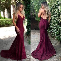 Burgundy Lace Backless Prom Dresses V-Neck Mermaid Beaded Customised Evening Gowns Sweep Train Cheap Party Dress