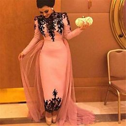 Muslim Long Sleeves Evening Dresses High Neck Lace Appliques Mermaid Prom Dress With Tulle Train Ankle Length Vestidos African Party Dress