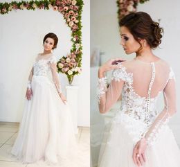 Vintage Wedding Dresses Jewel Sheer Neck Long Sleeves Wedding Gowns Sheer Back Covered Button Applique Tiered Custom Made Bridal Dress 2016