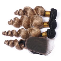 Virgin Peruvian Honey Blonde Human Hair Weaves with Top Closure Loose Wave 2Tone 1B/27 Light Brown Ombre 3Bundles with Lace Closure 4x4