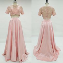 New Fashion 2017 Real Photo Peach Two Pieces Prom Dresses Long Cheap Lace Short Sleeve Ruched Formal Party Gowns Custom Made EN8233