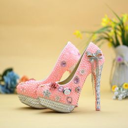 Wedding Shoes Pink Pearl Banquet Formal Dress Shoes Spring Handmade Bride Shoes Adult Ceremony Pumps Party Prom Pumps