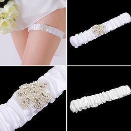 Elegant Elastic Bridal Accessory Satin Plicated Whit Garter Silk Ribbon Bright Strass Flowersl Wedding Decoration Garter Free Shipping