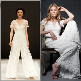 New Arrival Wedding Pants Suit Full Lace Sheer V Neck Short Sleeves Unique Bridal Gowns Brides Formal Wear for Weddigns High Quality