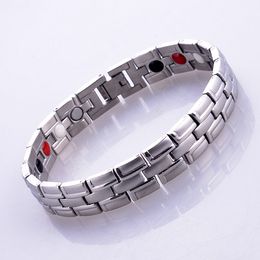 Fashion Silver Stainless Steel Quantum Bio Energy Magnetic Health Link Chain Bracelet With Germanium Infrared Anion Benefits inlay