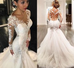 2018 estilo trompete sereia do vintage vestidos de casamento mangas compridas botão de volta lace frisado sheer voltar sexy vestidos de noiva