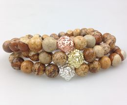 SN0355 Wholesale Gold Rose Gold Silver Plated Lion Head Bead Bracelet Fashion Jasper 8mm Bead Bracelet Men Stretch Bracelet