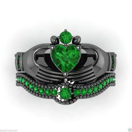 Ireland Eternal Claddagh Ring Sets Classic 10KT Black Gold Filled 1CT Heart Green Sapphire Women's Wedding ring for Women Gift Size 5-11