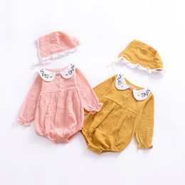 Lovely Kids Clothing Baby Girl Rompers Newborn Toddler Infant Peter Pan Collar Romper With Hat 2Pcs Set Fashion Embroidery Outfits 2 Colours