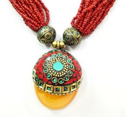 18'' Ethnic Red Bead Multilayer Necklace Pendant Tibetan Silver Amber oyzz-0013