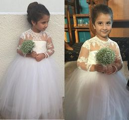 New Cute Flower Girls Dresses For Weddings Long Sleeves Lace Appliques Tulle Illusion Party Birthday Dress Children Girl Pageant Gowns 0424