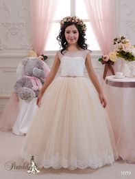 2016 Blush Miniature Bridal Dresses with Sheer Neck and Floor Length Beaded Tulle Light Champagne Flower Girls Gowns Custom Made