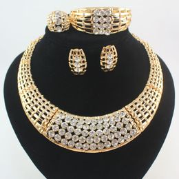 Women African Jewellery Set 18K Gold Plated Full Rhinestone Necklace Earring Bracelet Rings Wedding Party Jewellery