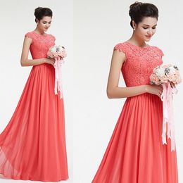 Hot Sale Coral Bridesmaid Dresses Beach Garden Long Maid of Honour Gown for Wedding Jewel Neck Cap Sleeves Lace Chiffon Formal Wear