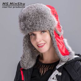 Russian Rabbit Fur Hat Natural Rabbit Fur Trapper Hat Skiing Cap Winter Warm Earflap Hat Genuine Rabbit Fur Bomber Caps MS.MinShu