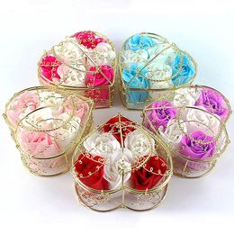 6PCS Together Best Wedding Gift Paper Rose Soap With Golden Heart Steel Box Best Wedding Favors Testimony of love