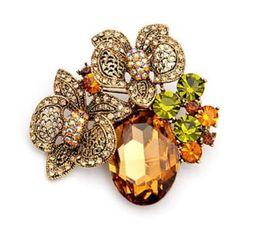 -Grande oro antico tono dorato colore cristallo Diamante Vintage design grande spilla fiore di vetro