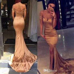 2019 Gold Long Prom Dresses Sexy Mermaid Side Split Off Shoulder Evening Dress Wear Cheap Formal Floor Length Party Gowns