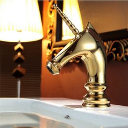 Free Shipping Unique Fashion Golden Brass Basin Faucet Deck Mounted Bathroom Horse Head Faucet Single Long Handle 4 Colours M-92