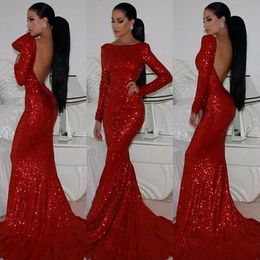 Charming Red Sequined Dresses Fitted Elegant Backless Evening Wear Bateau Neck Long Sleeves Cheap High Quality Pageant Prom Party Gowns