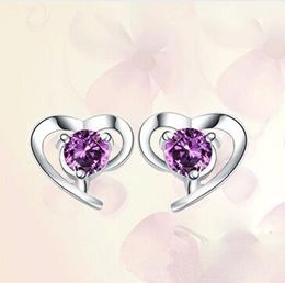 925 Sterling Silver Heart Shaped Earrings Purple Diamond Stud Copper Needles Fashion Jewelry Earrings for Women