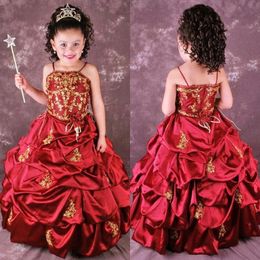 Cute Red A Line Embroidery Flower Girls Dresses Ruffles Pick Up Full Length Appliques Wedding Party Girls Pageant Gowns BO8996