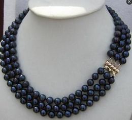 Beautiful triple strands 8-9mm natural south seas black pearl necklaces 18-20inch 14K gold clasp