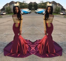 Charming African Style Off Shoulder Prom Dresses 2016 Gold And Burgundy Evening Gowns For Black Girls Long Sleeve Sweep Train Formal Dresses