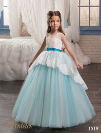 Girls Wedding Dresses 2021 Pentelei with Lace Up Back and Bow Sash Appliques Tulle Sky Blue Flower Girls Gowns for Weddings