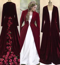 2017 Real Image Winter Christmas A Line Wedding Dresses Cloaks Burgundy Velvet Long Sleeves Flowers Plus Size Formal Bridal Gown Jacket Coat