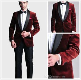 Burgundy Velvet Slim Fit 2016 Groom Tuxedos Wedding Suits Custom Made Groomsmen Best Man Prom Suits Black Pants (Jacket+Pants+Bow+Hanky)