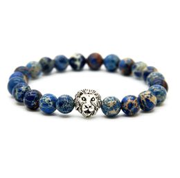 1PCS Wonderful Silver Colour Lion Head Bracelet Made With Nine Styles 8mm Natural Stone Beads Bracelets For Men