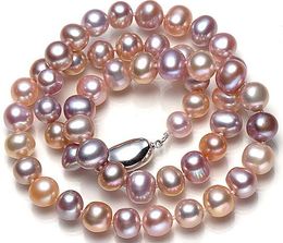 Beautiful 8-9mm pink purple Multicolor Tahitian pearl necklace 18 inch 925 silver clasp